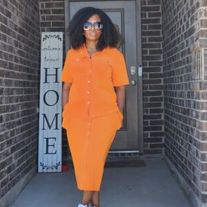 Orange Button-Down Skirt Set